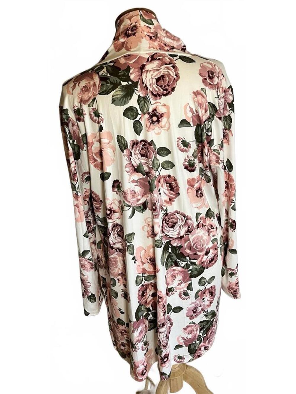 Reborn J Lightweight White / Pink Floral Cardigan Roses L Open Front Long - Picture 2 of 4
